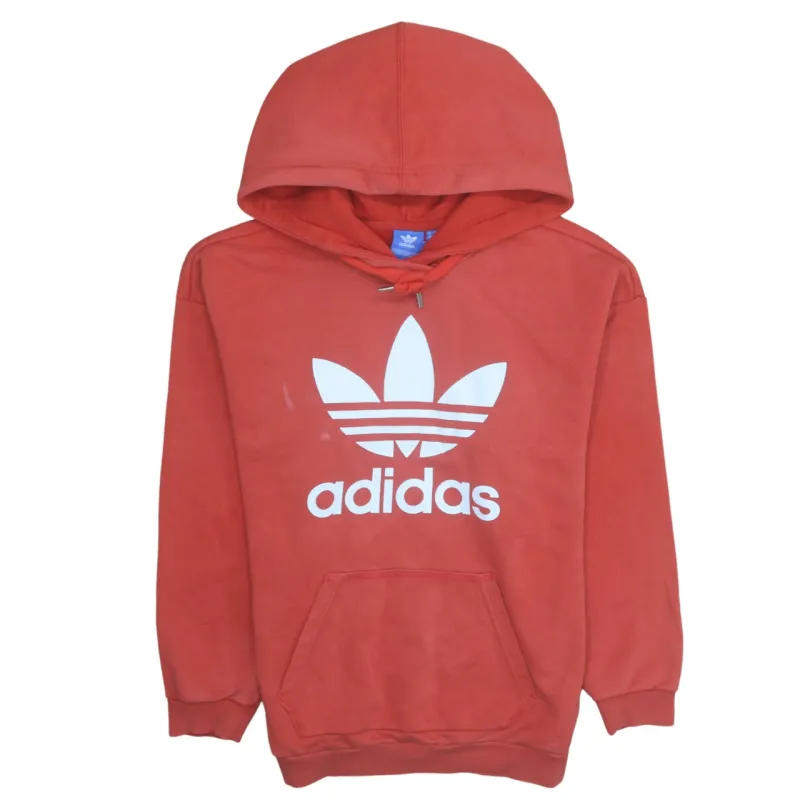 Adidas Burnt Orange Hoodie Women’s Medium Printed Trefoil Logo Front Pocket Pullover Sweatshirt made by Adidas