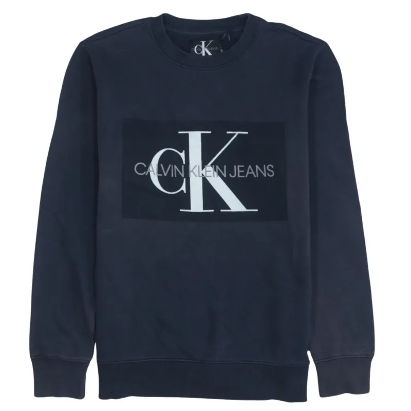 Calvin Klein 90s Vintage Men's Medium Navy Spellout Sweatshirt made by Calvin Klein