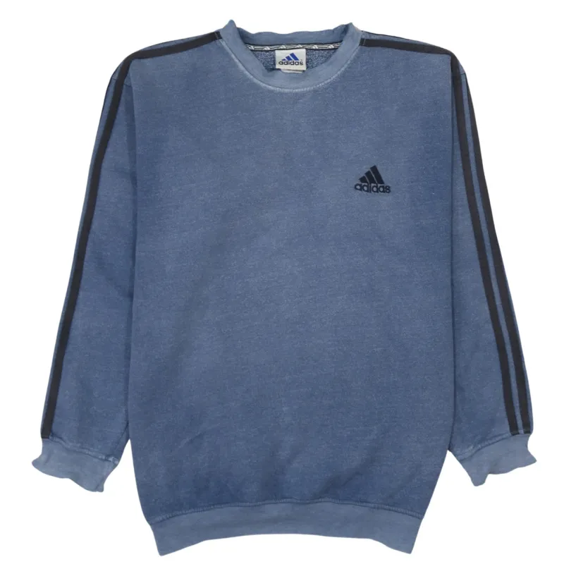 Adidas Men's Large Vintage 90s Blue Crew Neck Striped Sleeve Sweatshirt made by Adidas