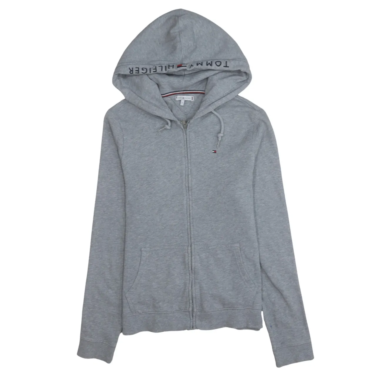 Tommy Hilfiger Grey Zip Hoodie Women’s Medium Embroidered Flag Logo Split Pockets Sweatshirt sold by Vintage Club