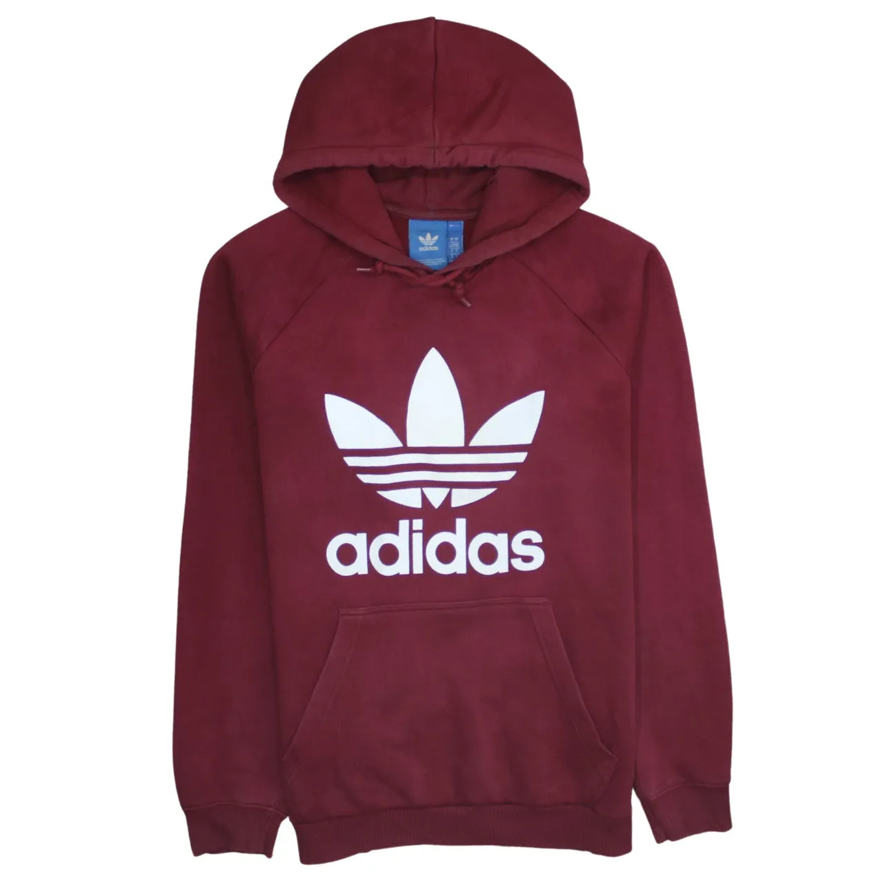 Adidas Burgundy Red Hoodie Women’s Large Printed Trefoil Logo Front Pocket Pullover Sweatshirt sold by Vintage Club