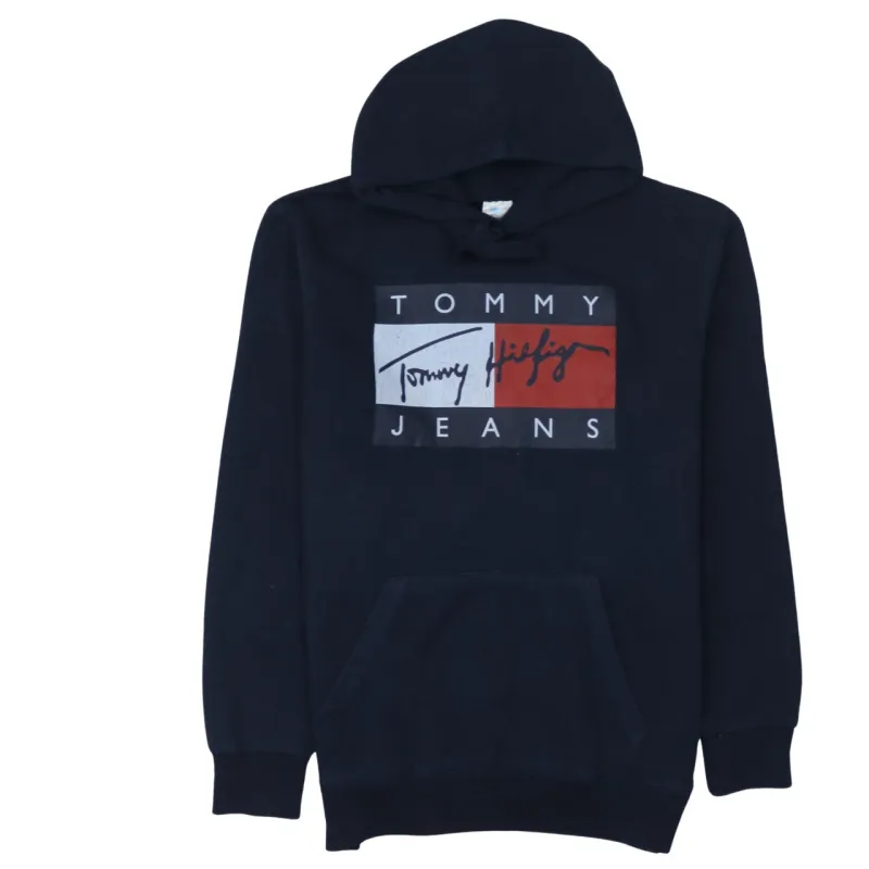 Tommy Hilfiger Navy Blue Hoodie Men's Small Printed Flag Logo Front Pocket Sweatshirt made by Tommy Hilfiger