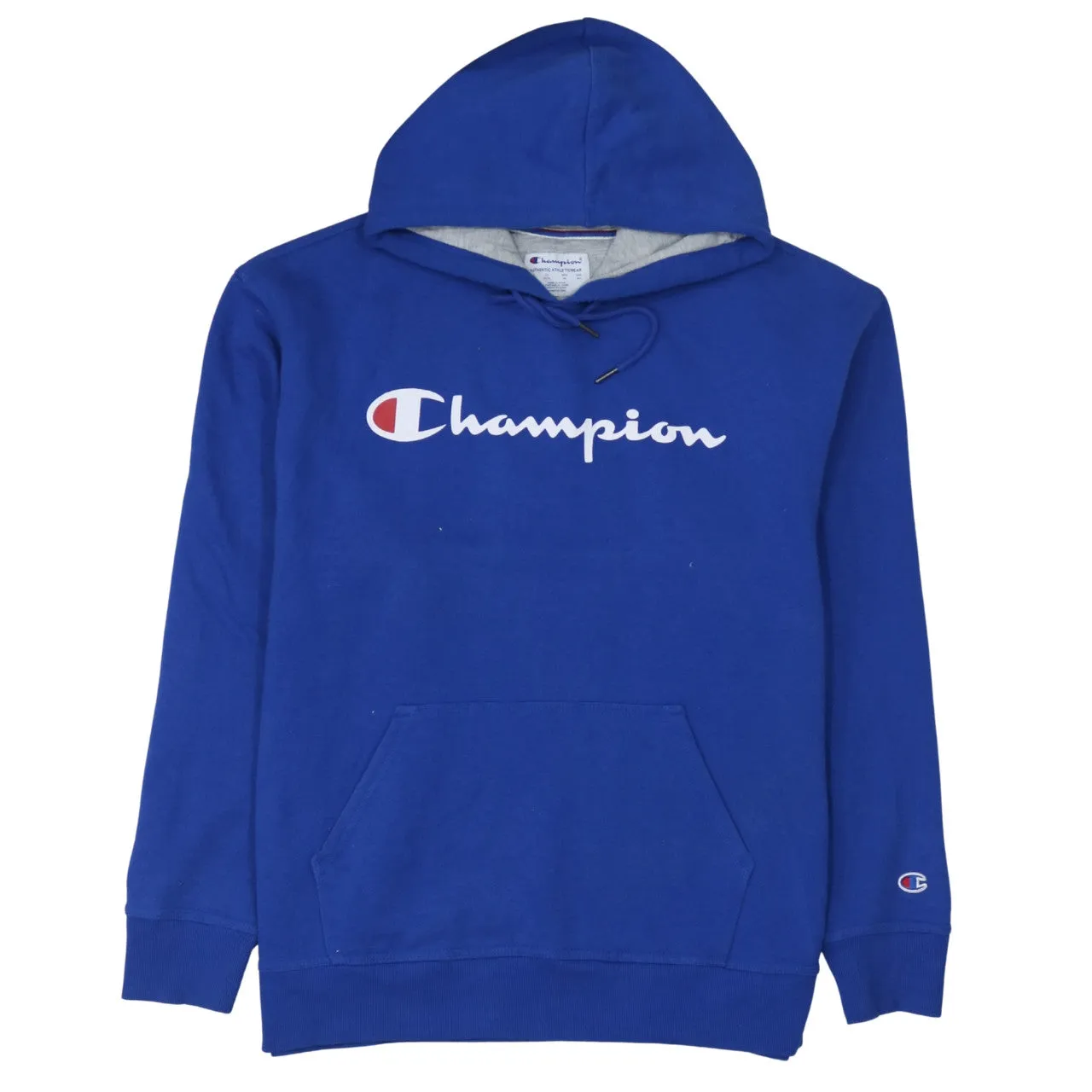 Champion 90's Spellout Pullover Hoodie XLarge Blue sold by Vintage Club