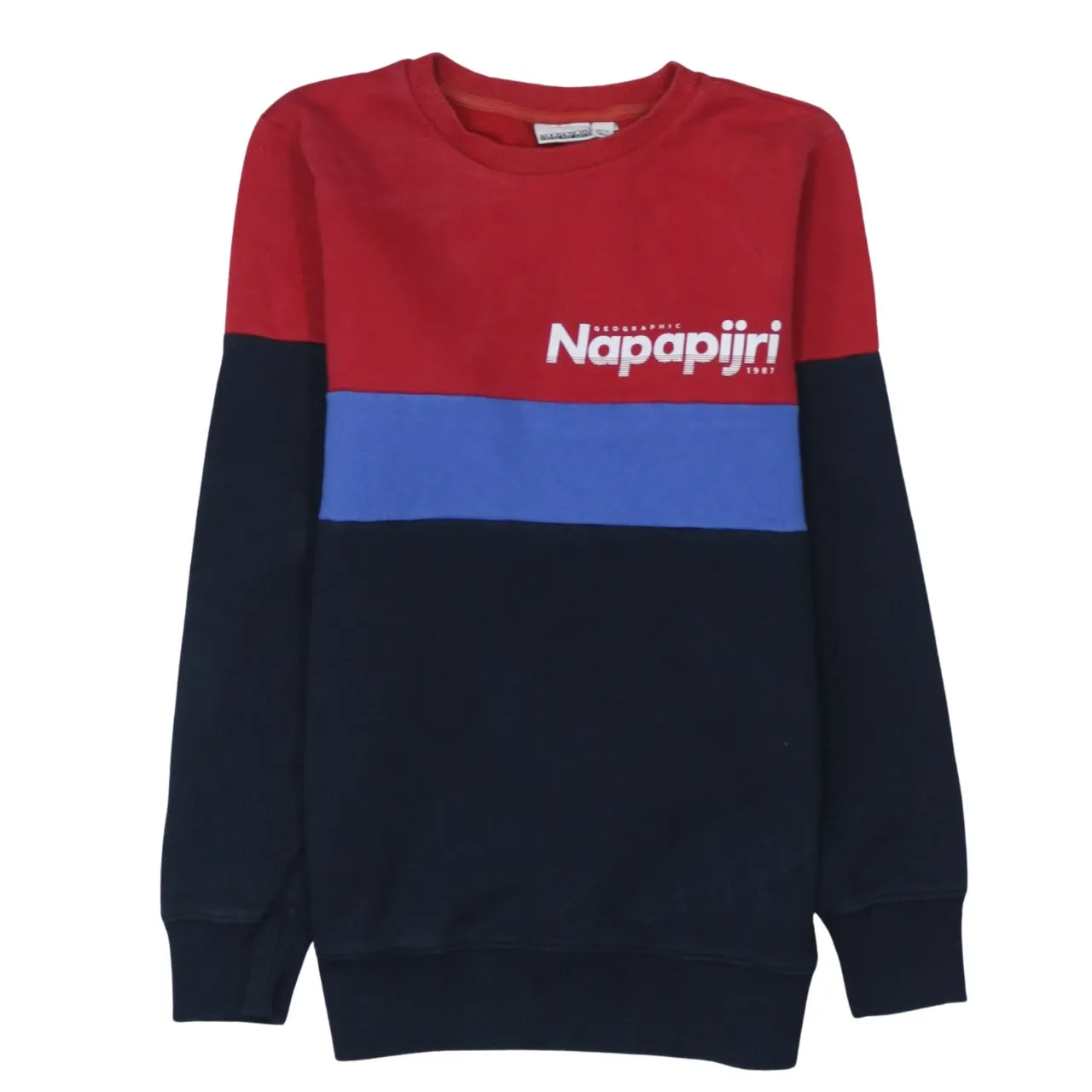 Napapijri Red Navy Colour Block Sweatshirt Women's XSmall Printed Logo Crewneck Pullover sold by Vintage Club