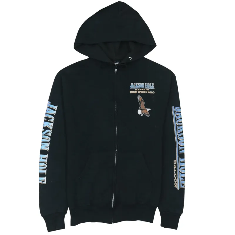 Jerzees Black Zip Hoodie Women's Medium Jackson Hole Printed Sleeves Graphic Sweatshirt made by Jerzees