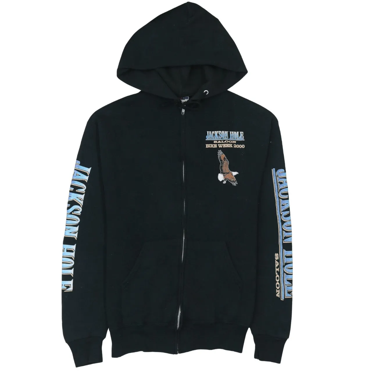 Jerzees Black Zip Hoodie Women's Medium Jackson Hole Printed Sleeves Graphic Sweatshirt sold by Vintage Club