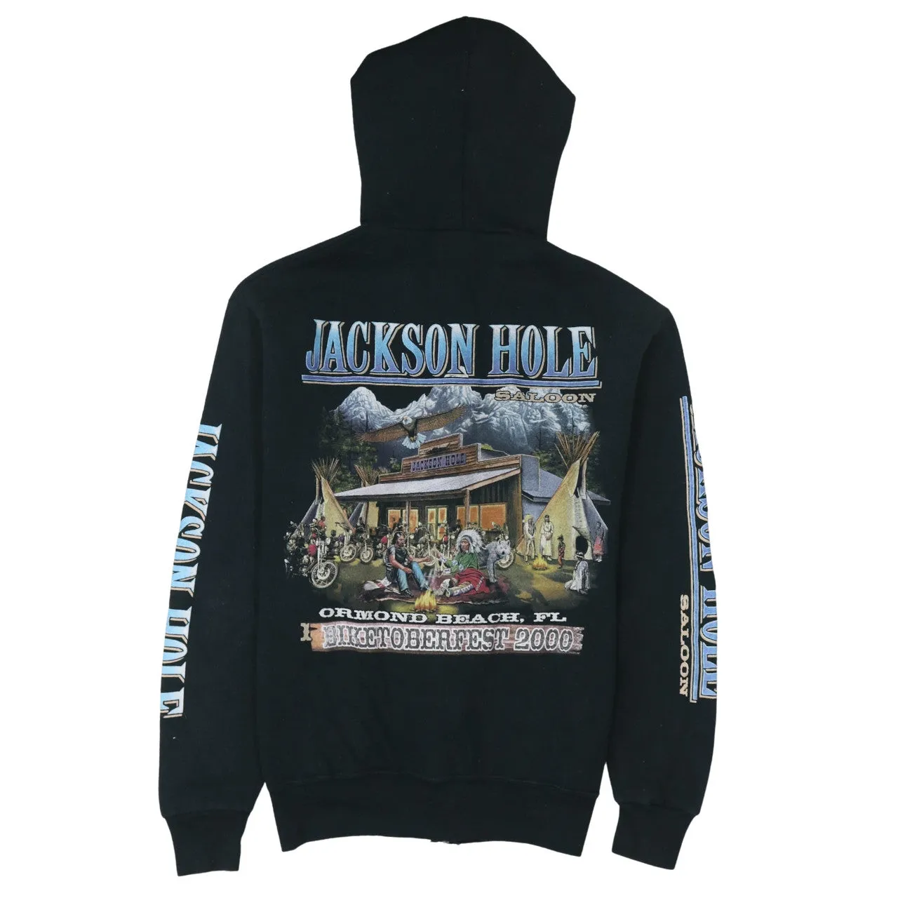 Jerzees Black Zip Hoodie Women's Medium Jackson Hole Printed Sleeves Graphic Sweatshirt sold by Vintage Club product image thumbnail 2