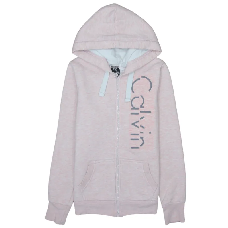 Calvin Klein Light Pink Zip Hoodie Women’s Small Printed Logo Drawstring Fleece Top Sweatshirt sold by Vintage Club