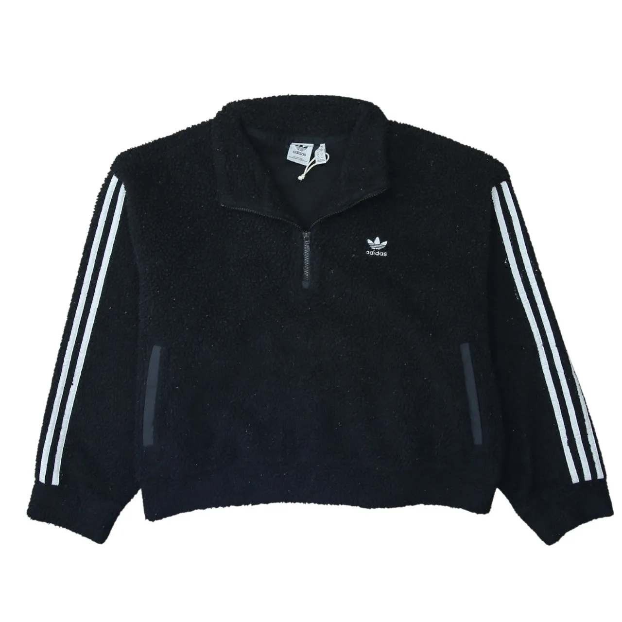 Adidas Black Fleece Jumper Women’s Medium Half Zip Three Stripe Sleeves Embroidered Logo Pullover sold by Vintage Club