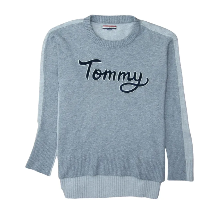 Tommy Hilfiger Light Grey Jumper Women's Large Embroidered Tommy Logo Crew Knit Sweater made by Tommy Hilfiger