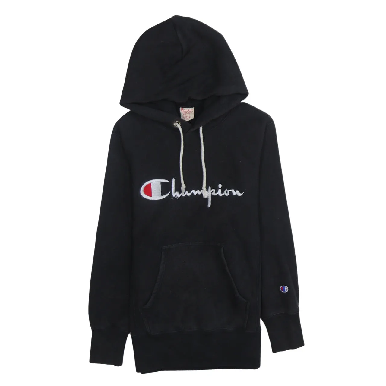 Champion Black Hoodie Women’s Small Embroidered Script Logo Front Pocket Fleece Pullover sold by Vintage Club