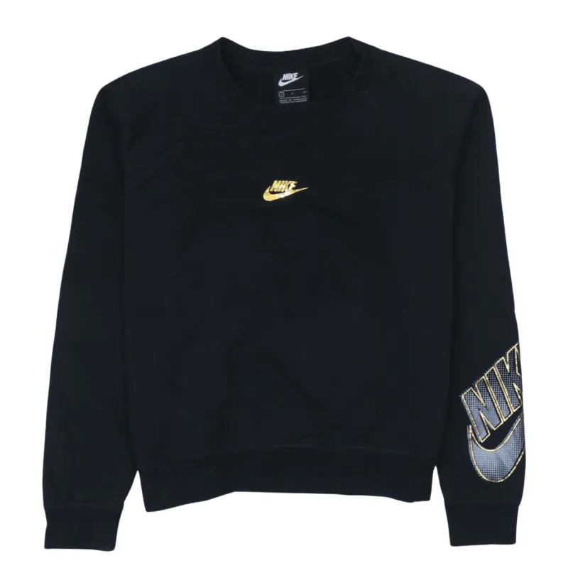 Nike Black Sweatshirt Men's Small Gold Swoosh Logo Graphic Sleeve Pullover Fleece Top made by Nike