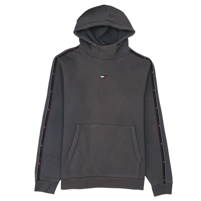 Tommy Hilfiger Charcoal Hoodie Women's Large Embroidered Flag Logo Tape Sleeves Pullover Sweatshirt made by Tommy Hilfiger