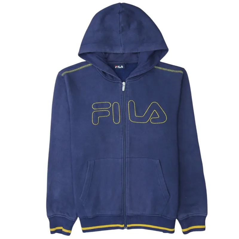 Fila Navy Blue Full Zip Hoodie Women’s Large Embroidered Outline Logo Front Pockets Sweatshirt sold by Vintage Club
