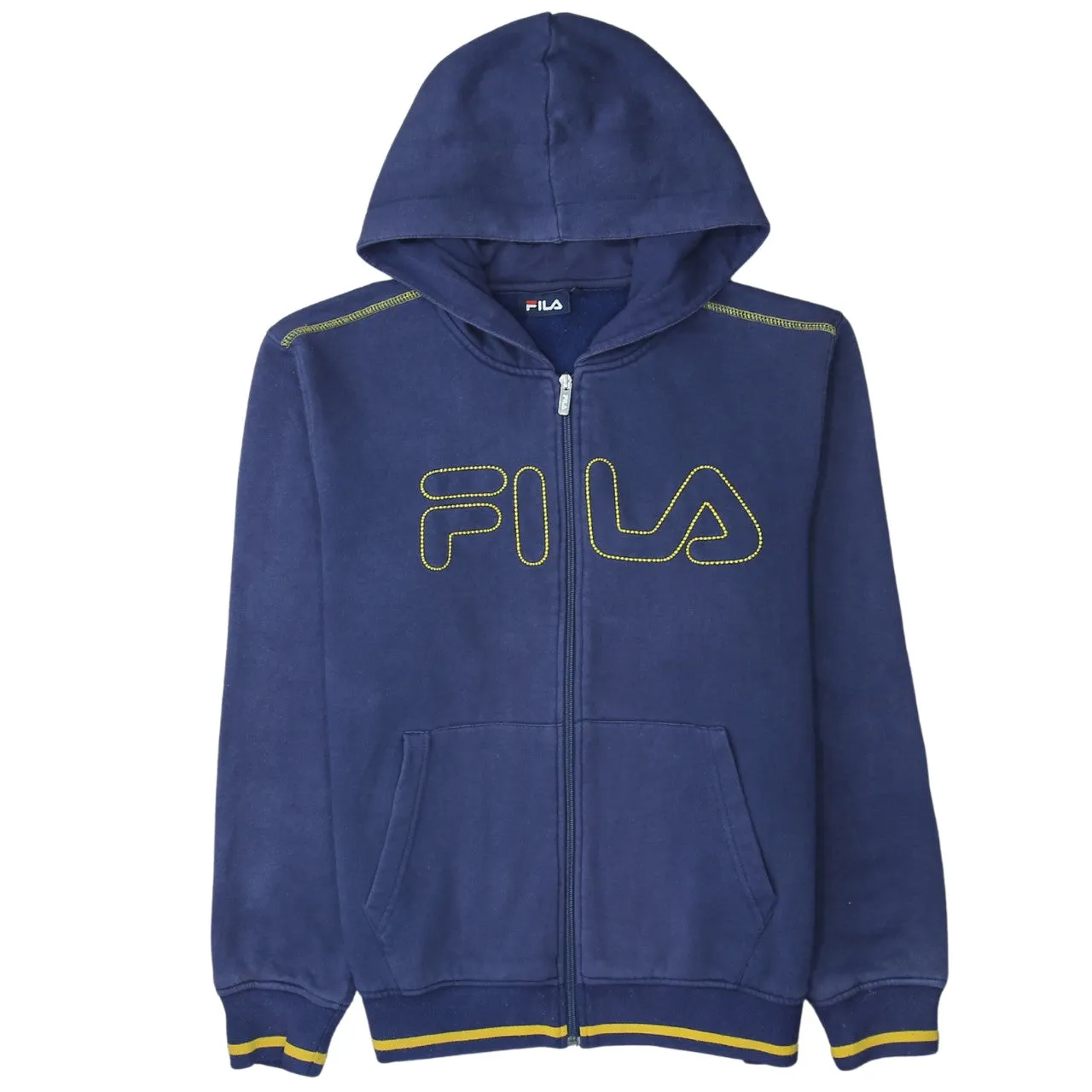 Fila Navy Blue Full Zip Hoodie Women’s Large Embroidered Outline Logo Front Pockets Sweatshirt sold by Vintage Club