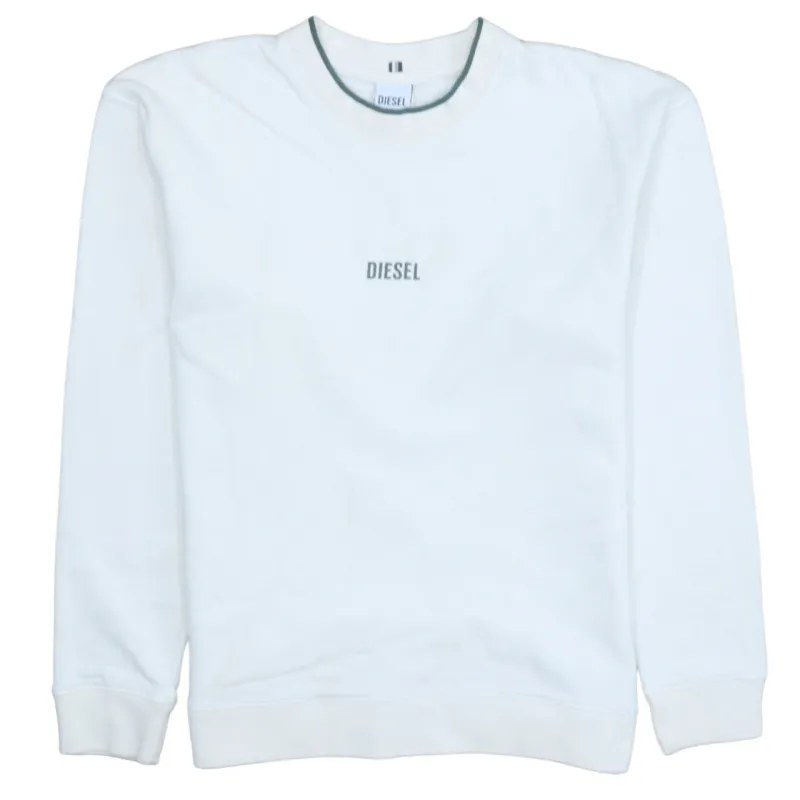 Diesel White Sweatshirt Men's Small Embroidered Chest Logo Crewneck Pullover Fleece Top made by Diesel