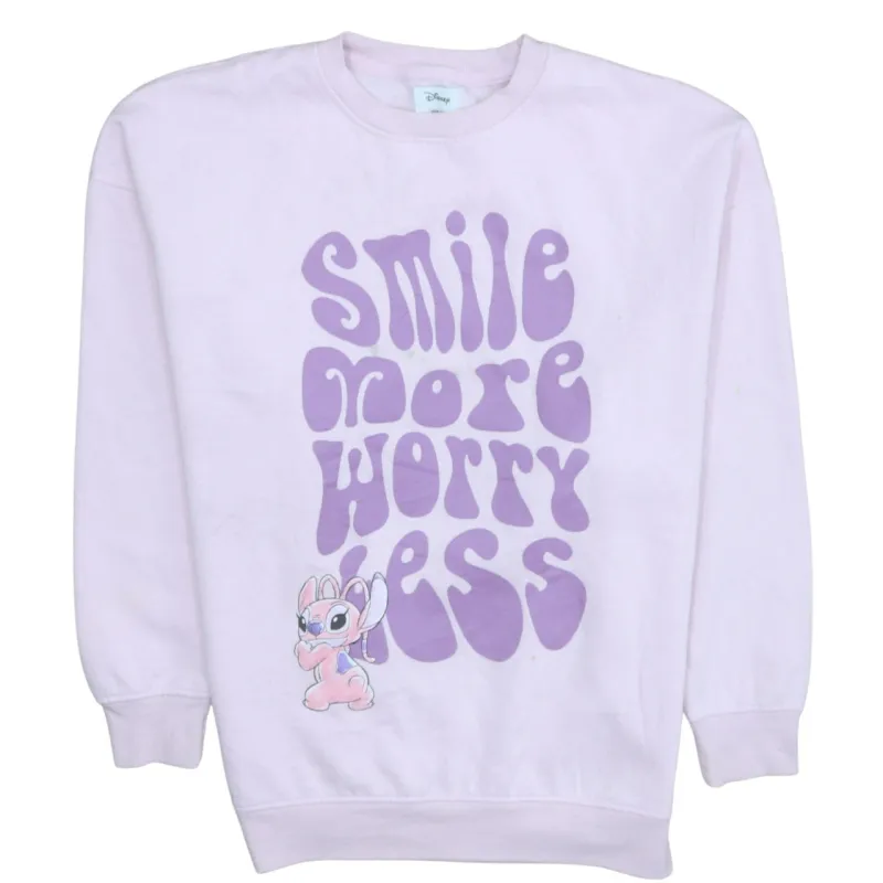 Disney Light Pink Sweatshirt Women’s Medium Printed Smile More Worry Less Character Pullover Top sold by Vintage Club