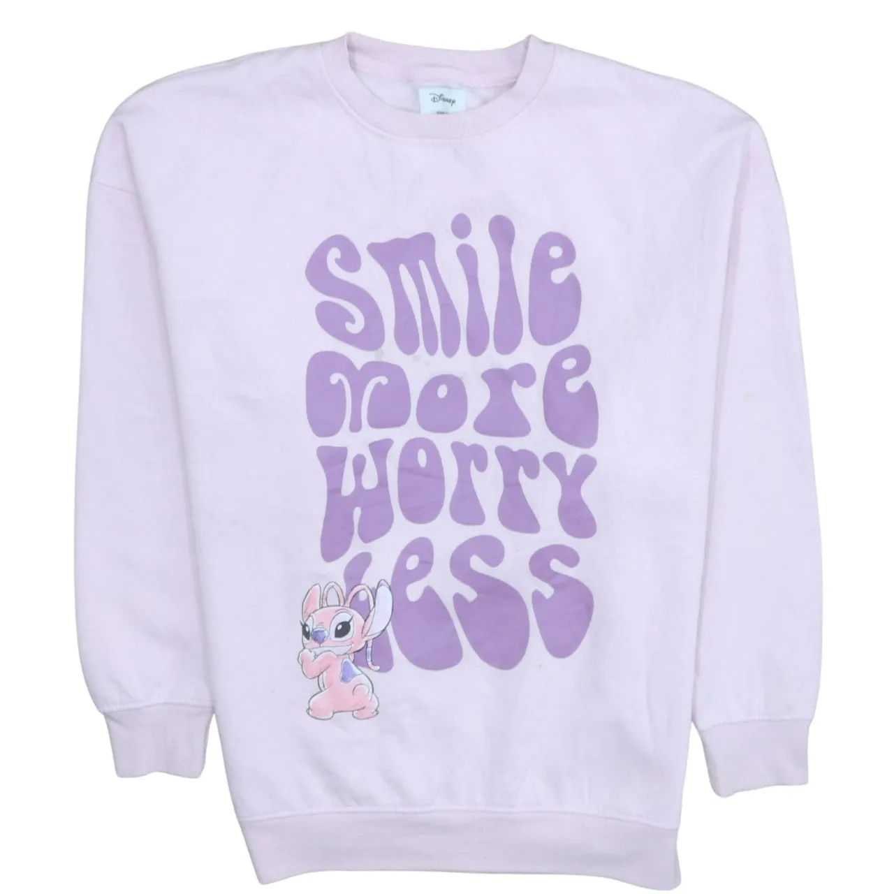 Disney Light Pink Sweatshirt Women’s Medium Printed Smile More Worry Less Character Pullover Top sold by Vintage Club