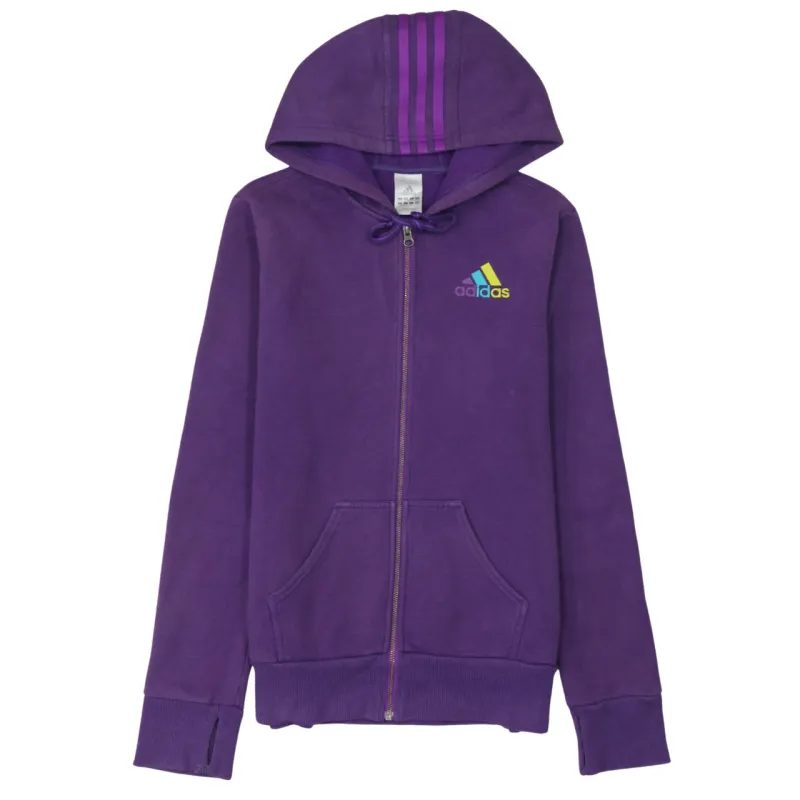 Adidas Purple Full Zip Hoodie Women's Medium Embroidered Logo Three Stripe Hood Pockets Sweatshirt made by Adidas