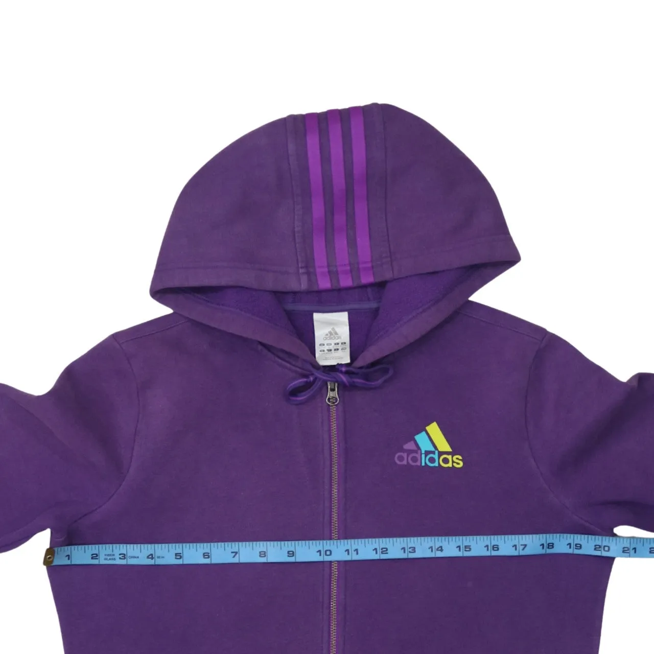 Adidas Purple Full Zip Hoodie Women's Medium Embroidered Logo Three Stripe Hood Pockets Sweatshirt sold by Vintage Club product image thumbnail 5