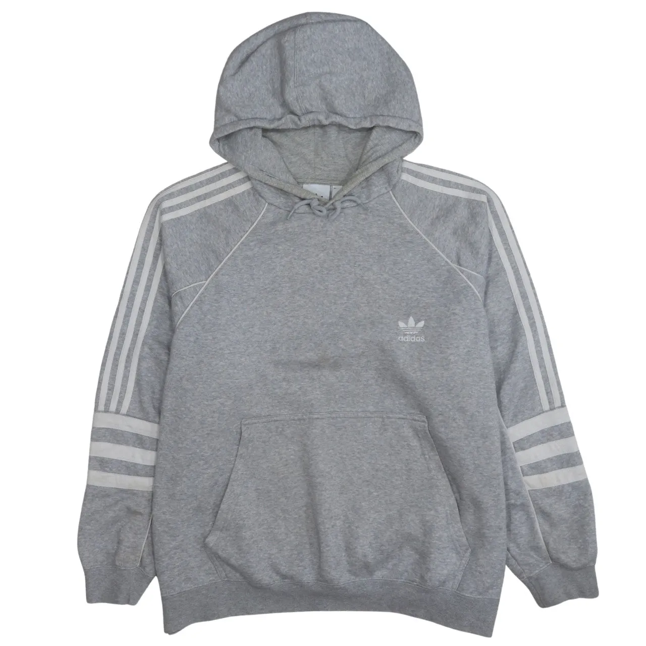 Adidas Grey Hoodie Women’s XLarge Trefoil Printed Logo Three Stripe Sleeve Pullover Sweatshirt sold by Vintage Club