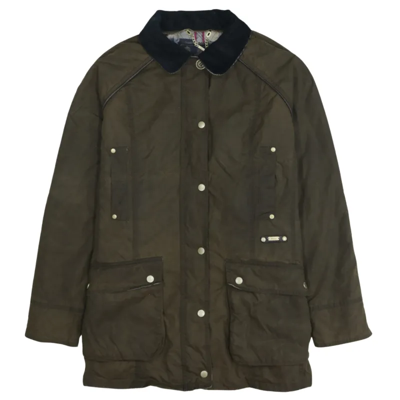 Barbour Olive Green Wax Jacket Women’s Large Cord Collar Multi Pocket Field Coat sold by Vintage Club