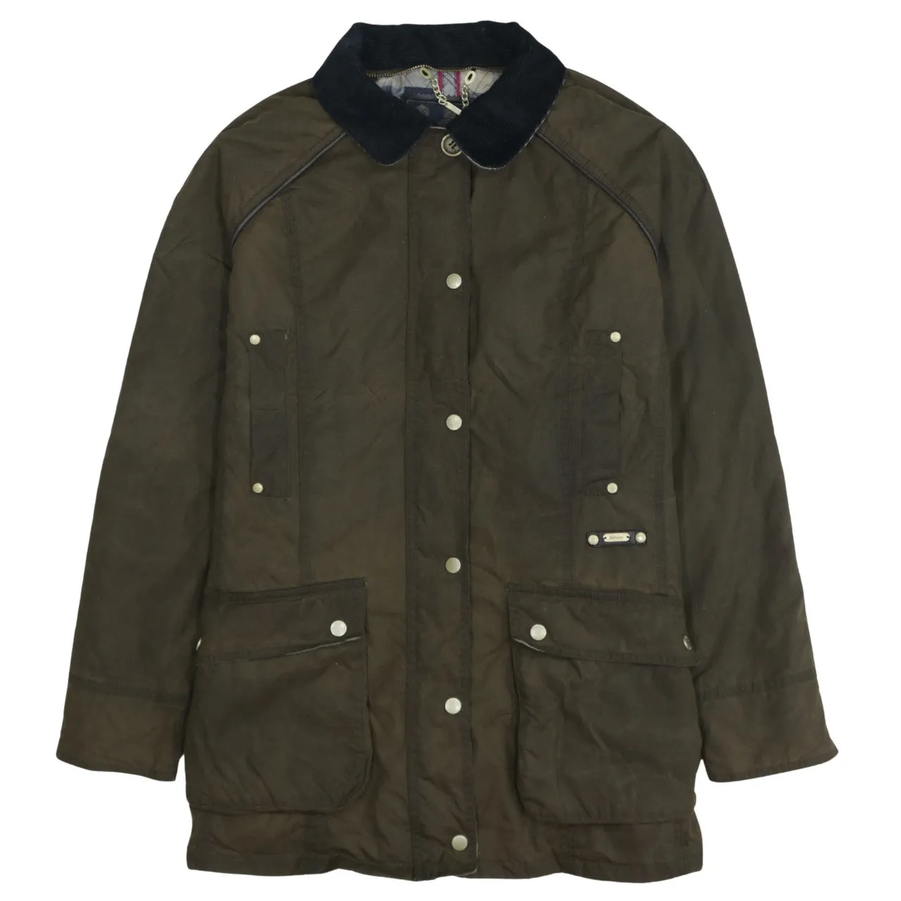 Barbour Olive Green Wax Jacket Women’s Large Cord Collar Multi Pocket Field Coat sold by Vintage Club