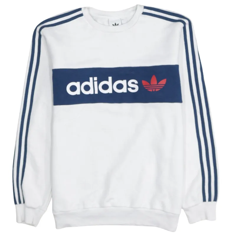 Adidas White Sweatshirt Men's Medium Printed Trefoil Logo Three Stripe Sleeves Pullover Jumper made by Adidas