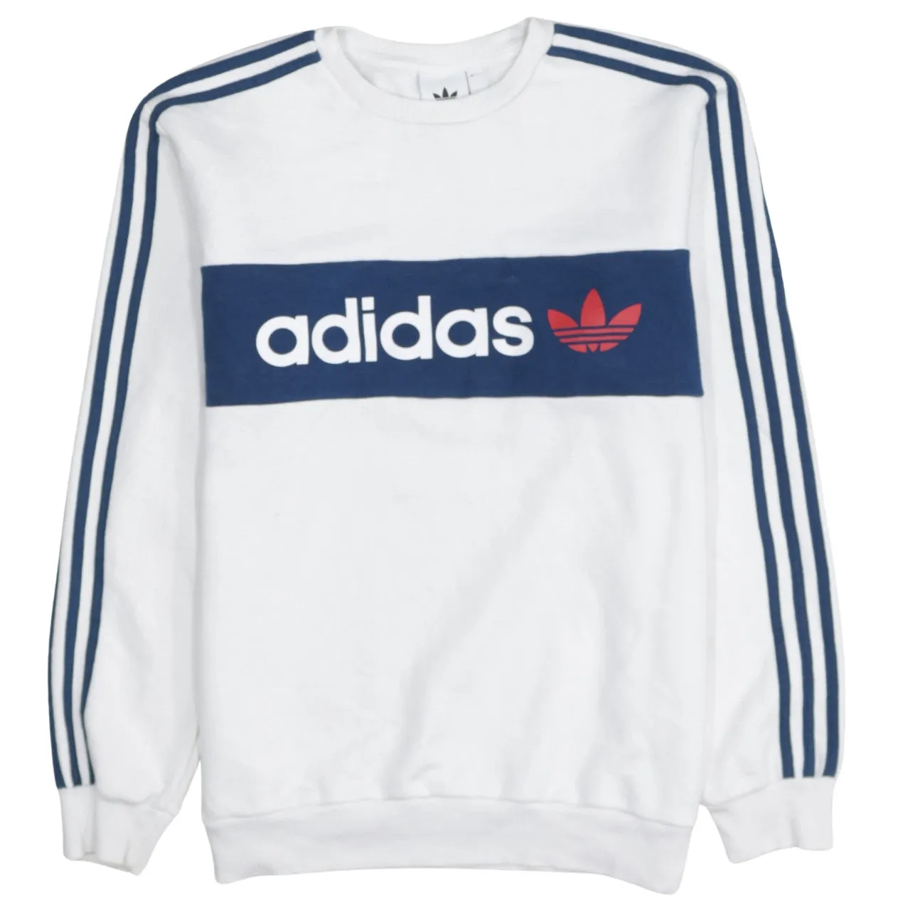 Adidas White Sweatshirt Men's Medium Printed Trefoil Logo Three Stripe Sleeves Pullover Jumper sold by Vintage Club