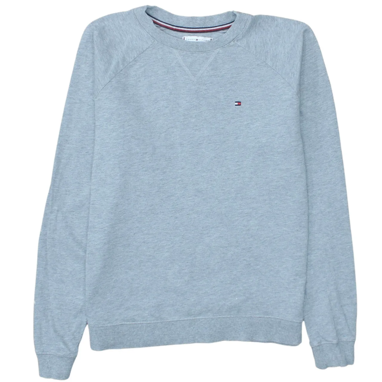 Tommy Hilfiger Light Grey Sweatshirt Men's Small Embroidered Flag Logo Crewneck Pullover sold by Vintage Club