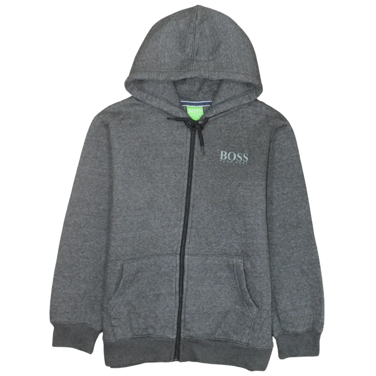 HUGO BOSS Dark Grey Hoodie Women’s Small Zip Front Printed Logo Fleece Sweatshirt sold by Vintage Club