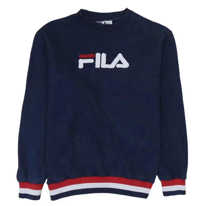 Fila Navy Blue Sweatshirt Men's Large Embroidered Front Logo Stripe Rib Cuffs Pullover Jumper made by Fila