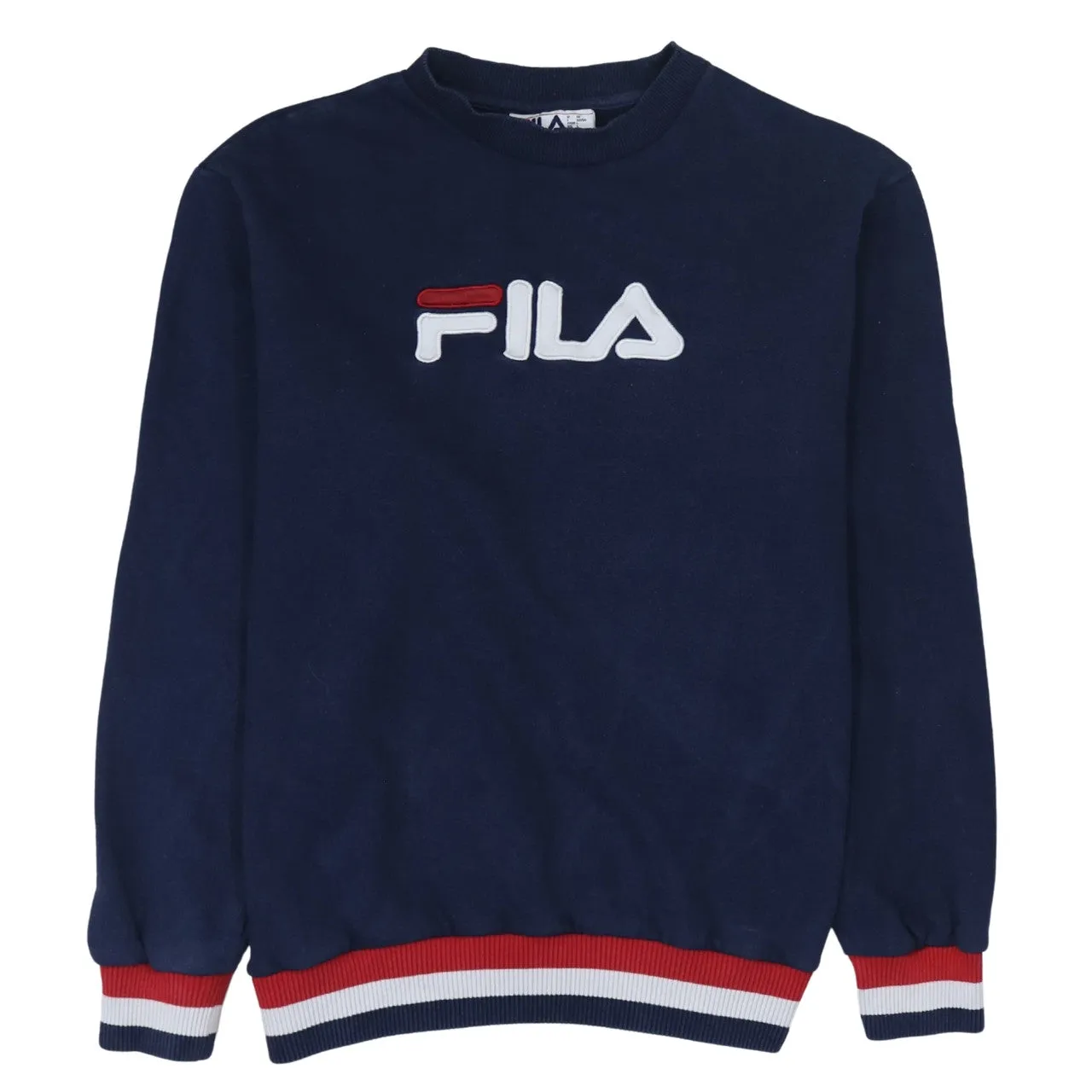 Fila Navy Blue Sweatshirt Men's Large Embroidered Front Logo Stripe Rib Cuffs Pullover Jumper sold by Vintage Club