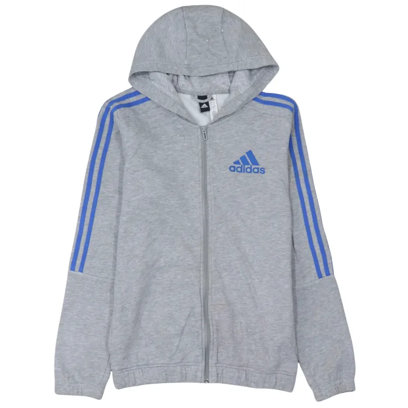 Adidas Grey Full Zip Hoodie Women’s Small Blue Three Stripe Sleeves Printed Logo Sweatshirt sold by Vintage Club