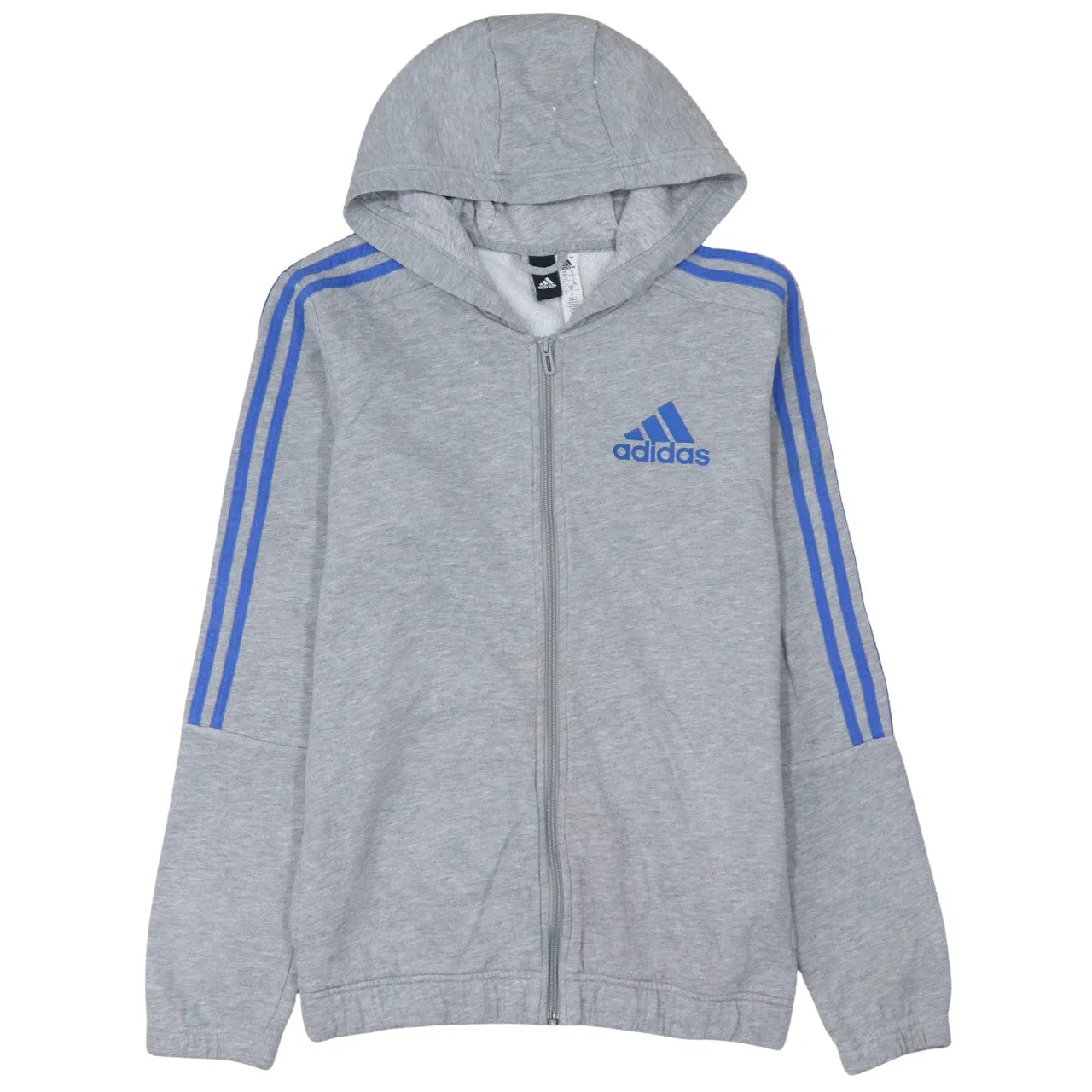 Adidas Grey Full Zip Hoodie Women’s Small Blue Three Stripe Sleeves Printed Logo Sweatshirt sold by Vintage Club