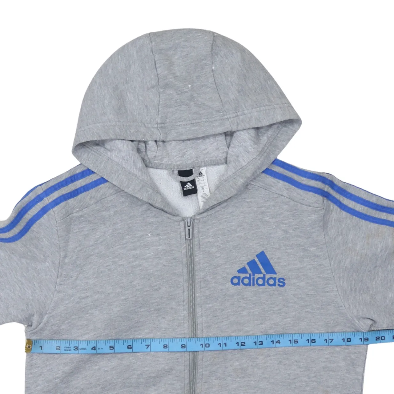 Adidas Grey Full Zip Hoodie Women’s Small Blue Three Stripe Sleeves Printed Logo Sweatshirt sold by Vintage Club product image thumbnail 5