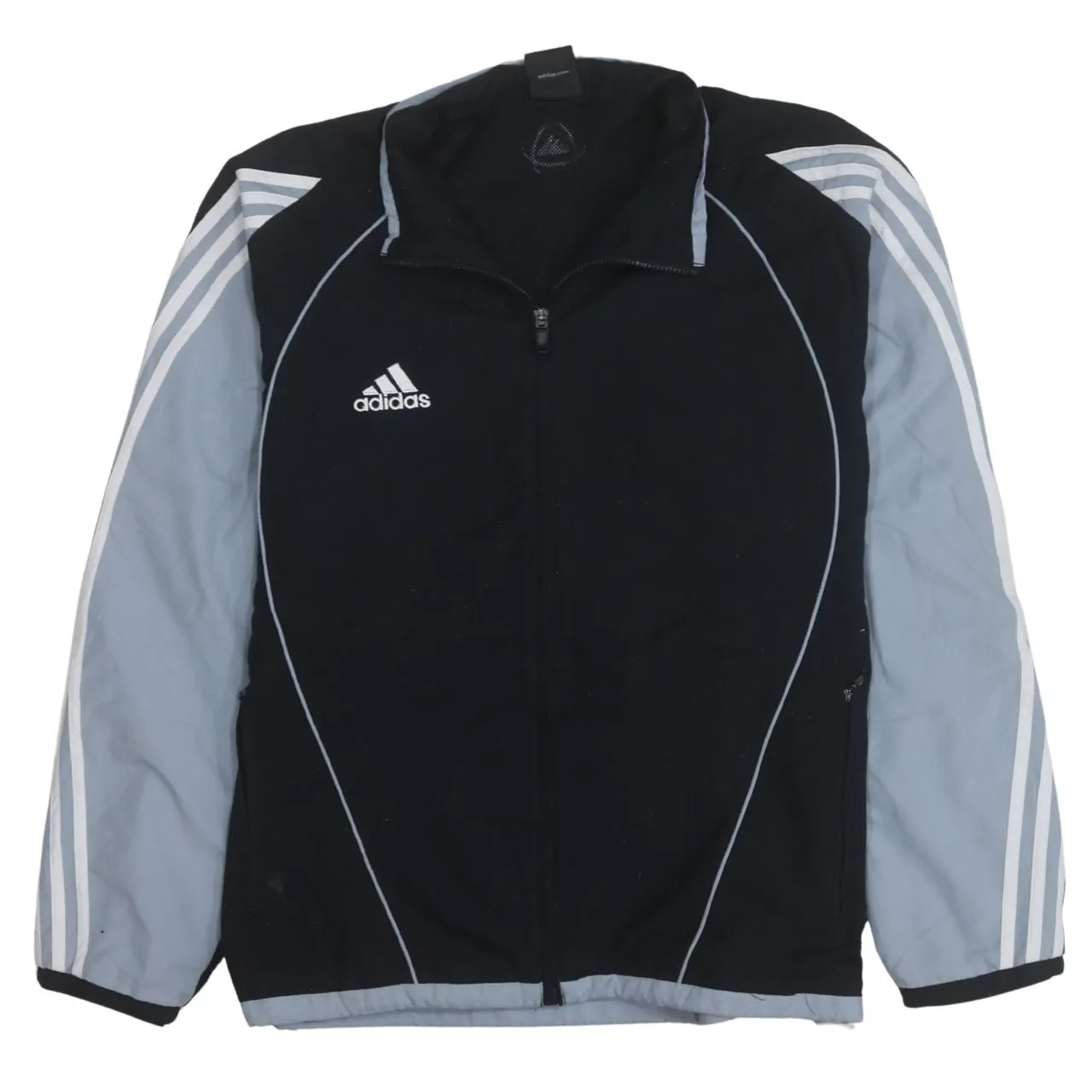 Adidas Black Grey Windbreaker Jacket Men's Large Three Stripe Sleeves Embroidered Logo Track Top sold by Vintage Club