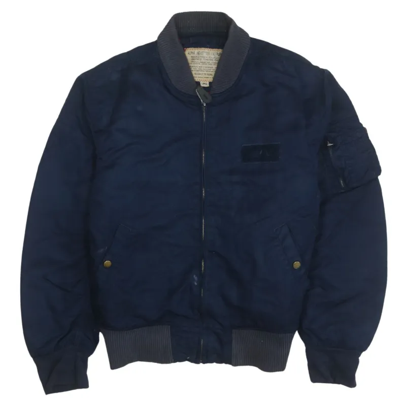 Alpha Industries Navy Blue Bomber Jacket Men's Large Zip Pockets Ribbed Hem Cuff Outerwear sold by Vintage Club