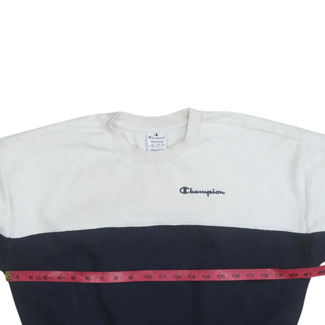 Champion White Navy Sweatshirt Men's Medium Embroidered Logo Colour Block Crewneck Pullover sold by Vintage Club product image thumbnail 5