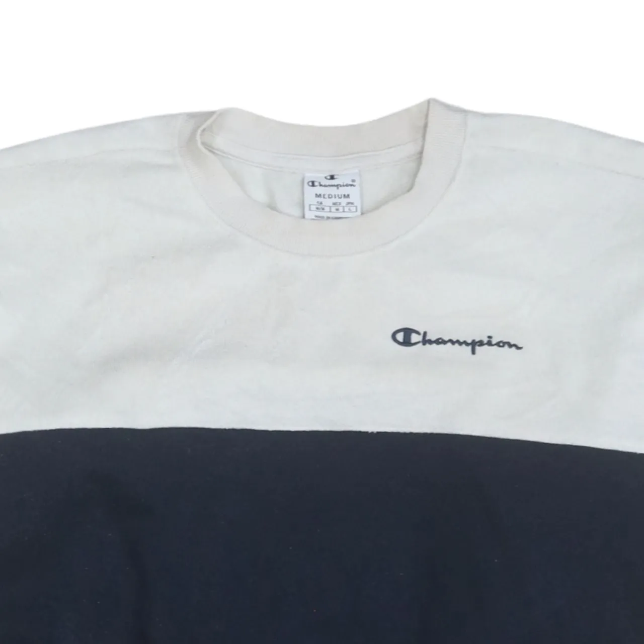 Champion White Navy Sweatshirt Men's Medium Embroidered Logo Colour Block Crewneck Pullover sold by Vintage Club product image thumbnail 3