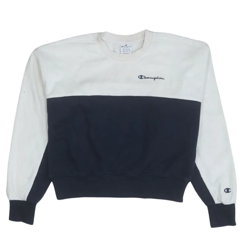 Champion White Navy Sweatshirt Men's Medium Embroidered Logo Colour Block Crewneck Pullover made by Champion