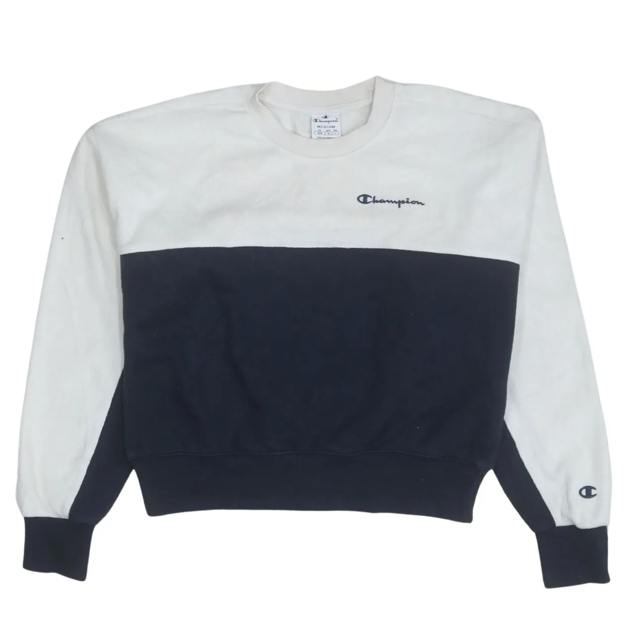 Champion White Navy Sweatshirt Men's Medium Embroidered Logo Colour Block Crewneck Pullover sold by Vintage Club