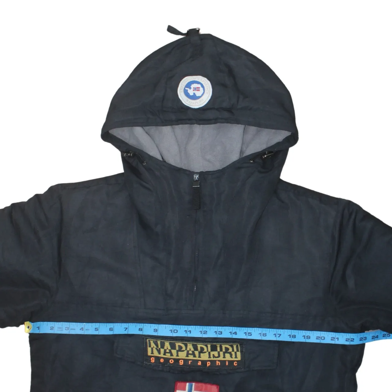 Napapijri Black Anorak Hoodie Women’s Large Embroidered Logo Flag Front Zip Pockets Jacket sold by Vintage Club product image thumbnail 5