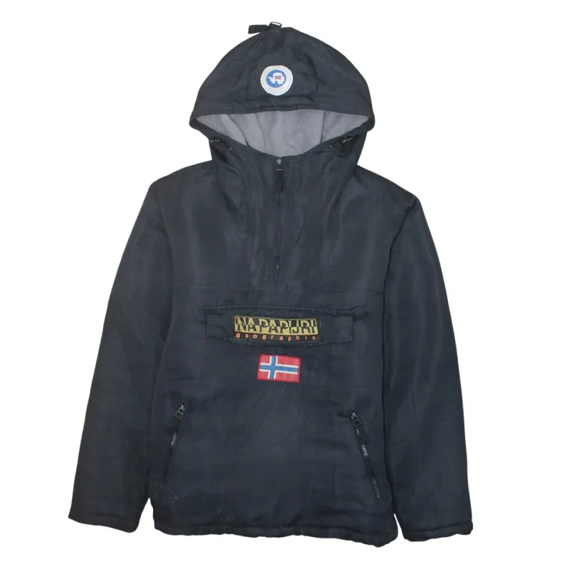 Napapijri Black Anorak Hoodie Women’s Large Embroidered Logo Flag Front Zip Pockets Jacket made by Napapijri
