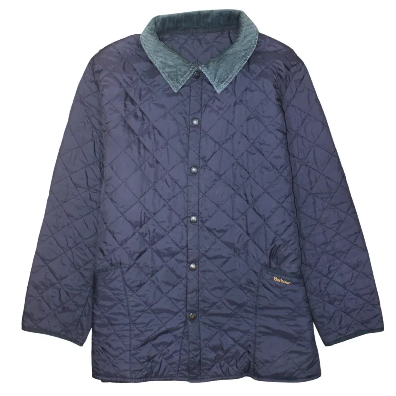 Barbour Navy Blue Quilted Jacket Men's XXLarge Cord Collar Snap Front Outerwear sold by Vintage Club