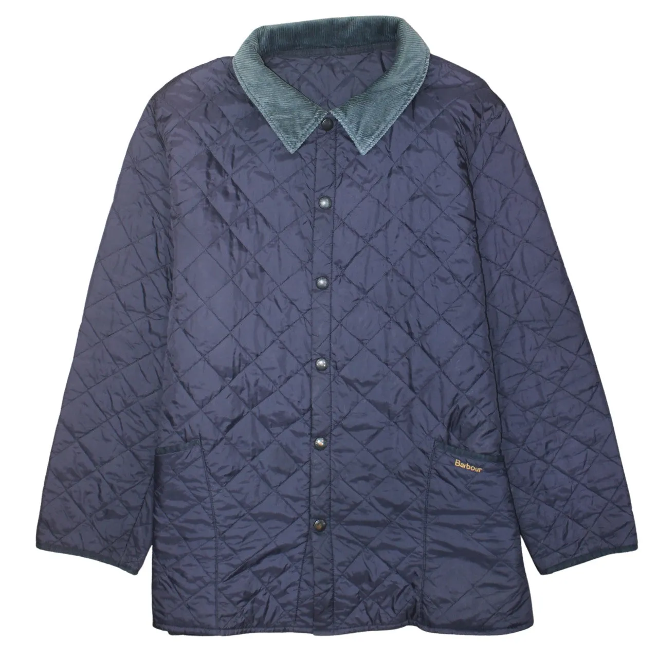 Barbour Navy Blue Quilted Jacket Men's XXLarge Cord Collar Snap Front Outerwear sold by Vintage Club