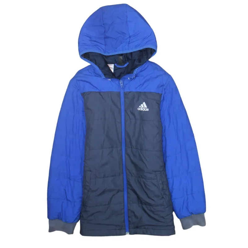 Adidas Blue Navy Hooded Jacket Women's Medium Full Zip Logo Pockets Windbreaker Coat sold by Vintage Club