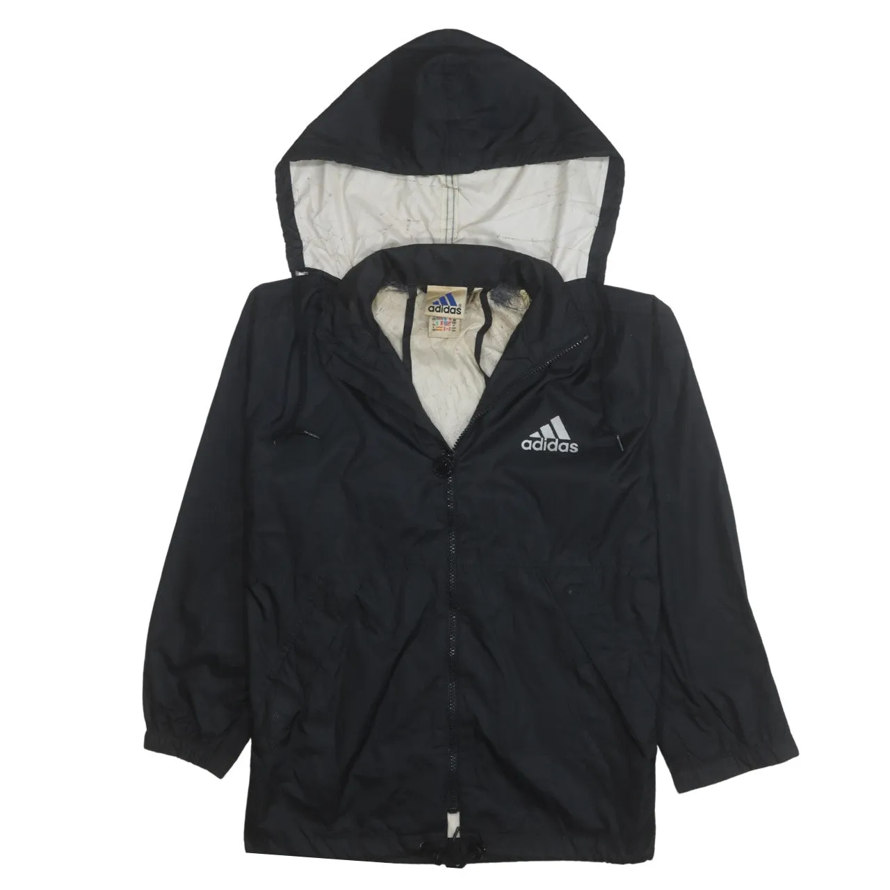 Adidas Black Hooded Windbreaker Jacket Women's Medium Printed Logo Zip Pockets Outerwear sold by Vintage Club