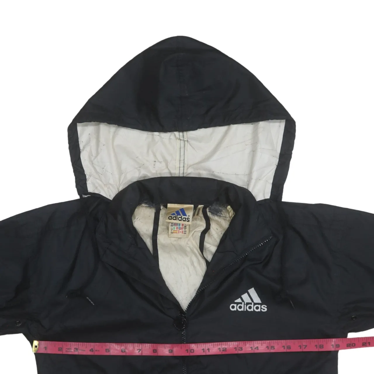 Adidas Black Hooded Windbreaker Jacket Women's Medium Printed Logo Zip Pockets Outerwear sold by Vintage Club product image thumbnail 5