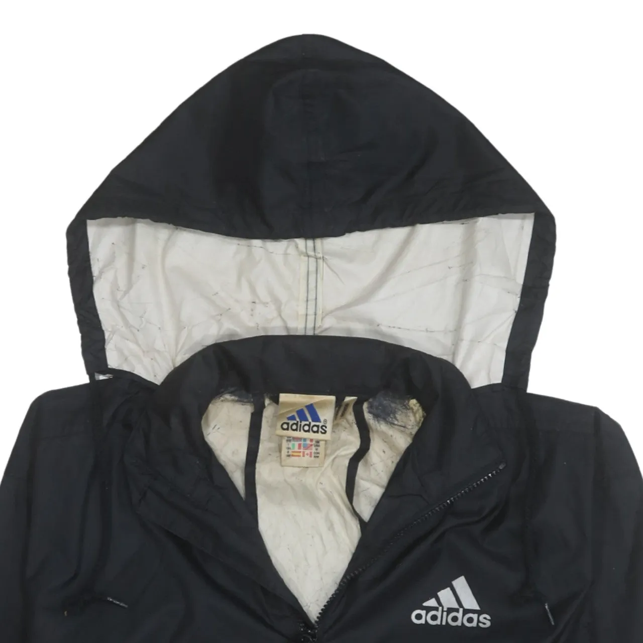 Adidas Black Hooded Windbreaker Jacket Women's Medium Printed Logo Zip Pockets Outerwear sold by Vintage Club product image thumbnail 3